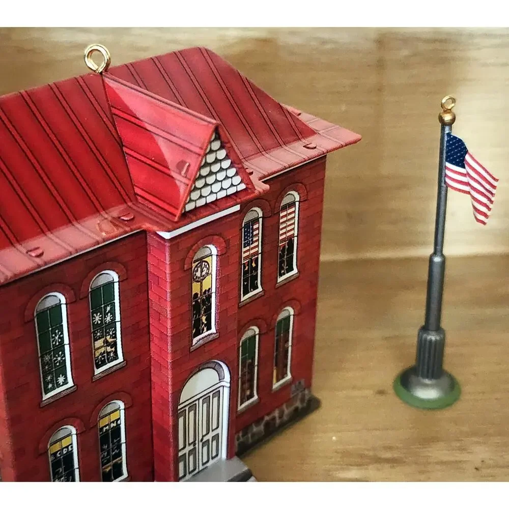 2003 Hallmark Schoolhouse and Flagpole Tin House Keepsake Ornament In Box